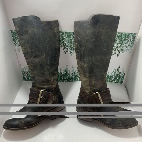 Spirit By Lucchese Leather Distress Brown Riding Boots Tall Calf Buckle Size 6.5 - Picture 15 of 16